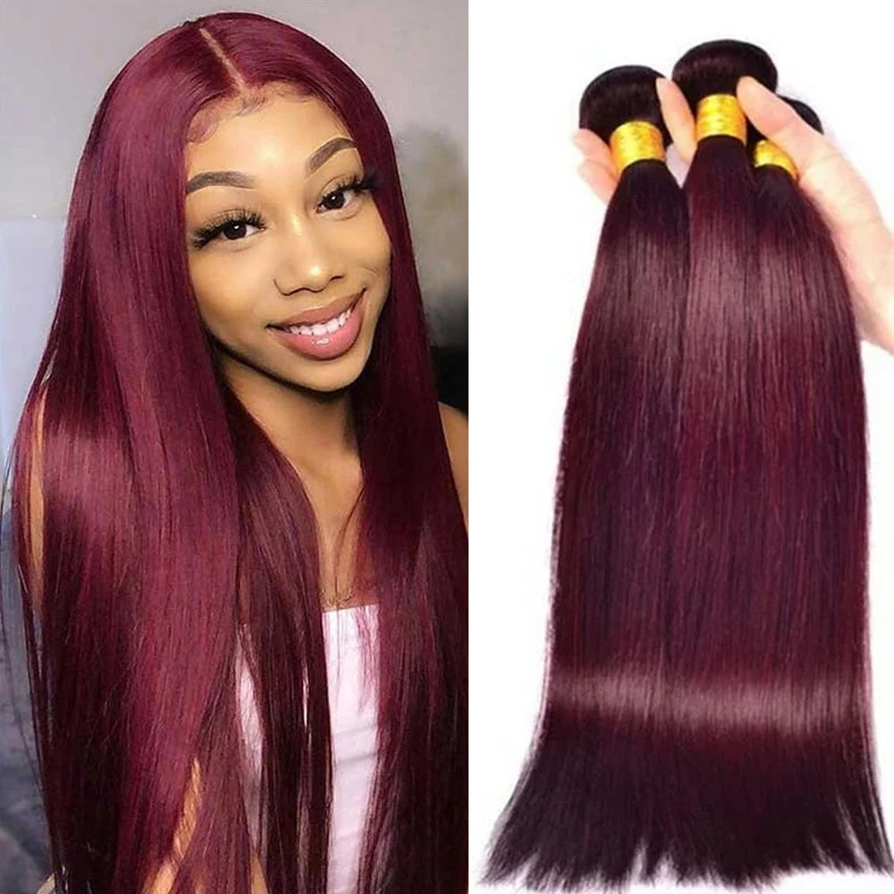 Wine Red #99J Remy Human Hair Weave 16-28 inch Long Silky Straight  Unprocessed Virgin Brazilian Hair Weft Extensions for Women