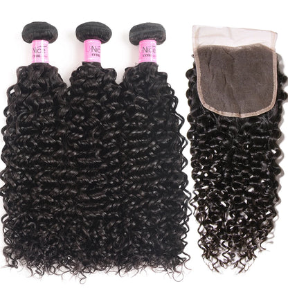 UNice Hair Curly Hair Bundles With 4x4 Closure Natural Color 2/3/4 PCS Human Hair Bundles And Closure Can Make 250% Density Wigs