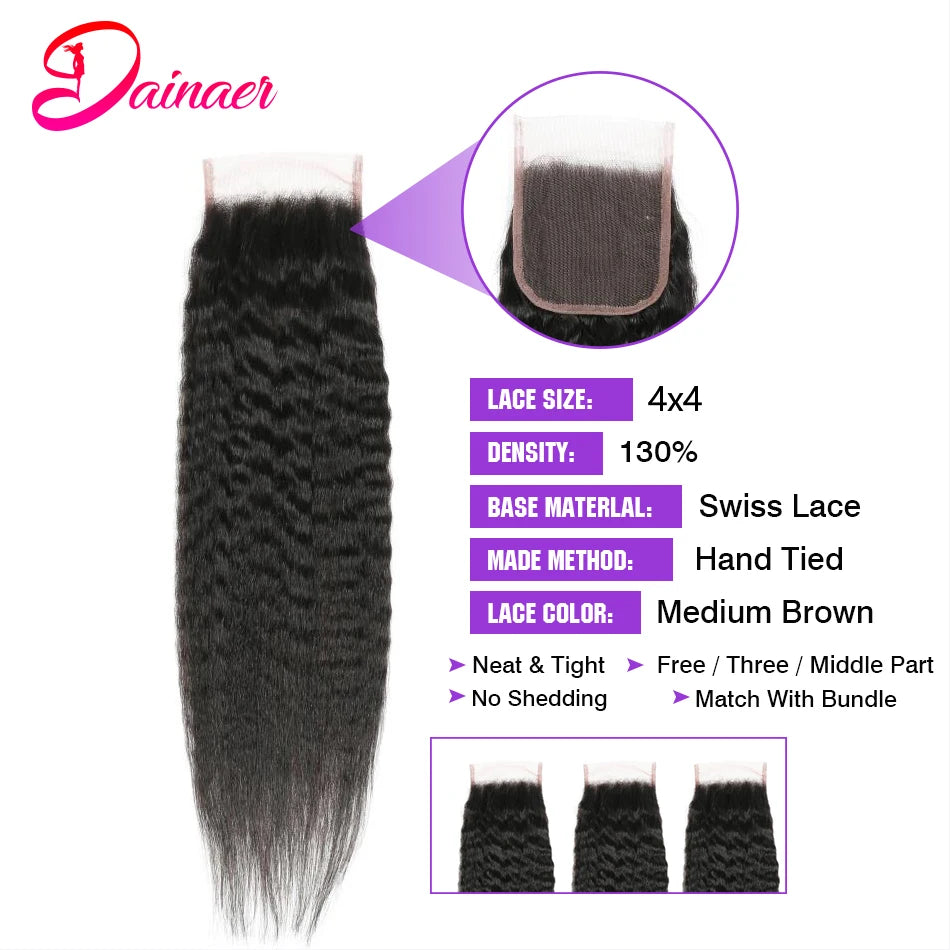 Brazilian Kinky Straight Closure 100% Human Hair Closure Swiss Lace Free Part 12-22Inch Human Hair 4×4 Lace Closure