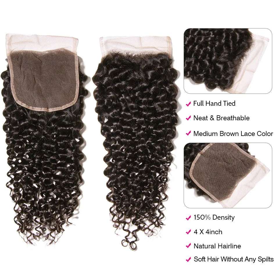 UNice Hair Curly Hair Bundles With 4x4 Closure Natural Color 2/3/4 PCS Human Hair Bundles And Closure Can Make 250% Density Wigs