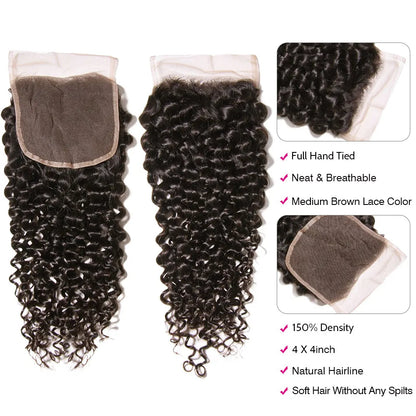 UNice Hair Curly Hair Bundles With 4x4 Closure Natural Color 2/3/4 PCS Human Hair Bundles And Closure Can Make 250% Density Wigs