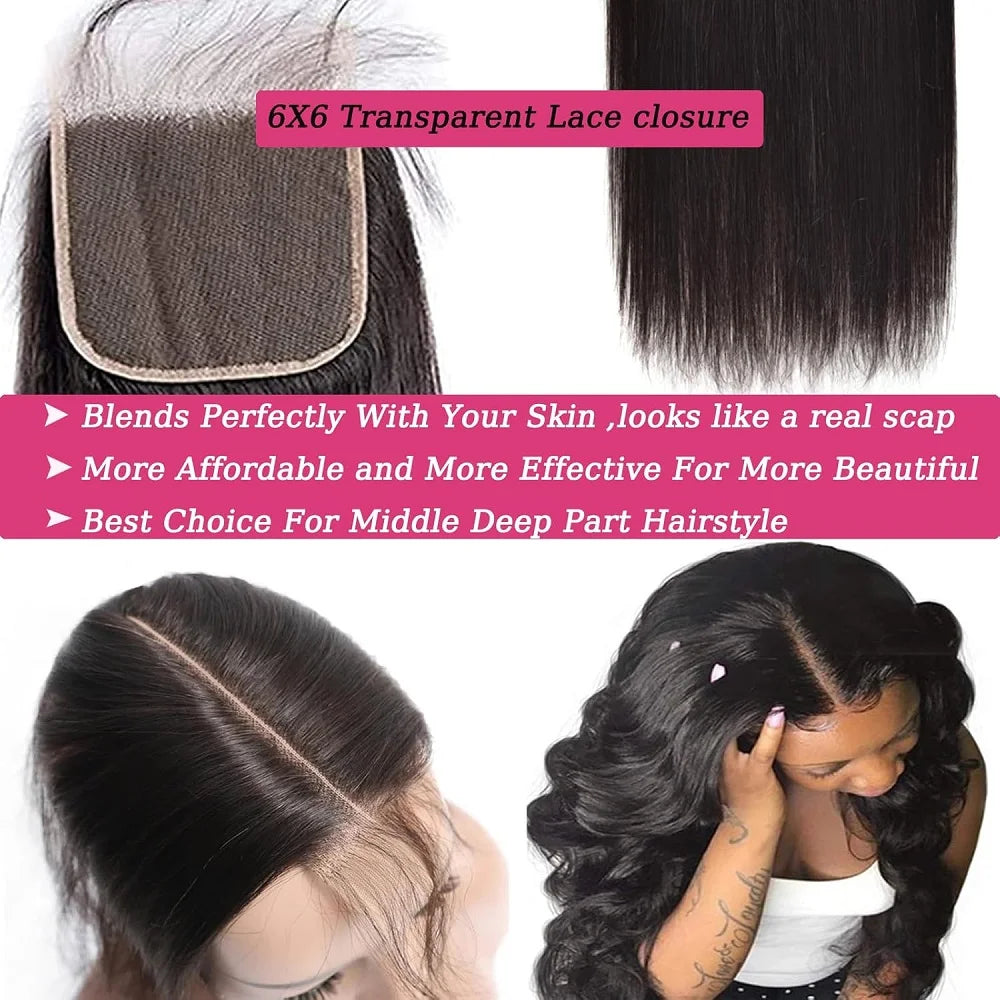 YEORING Straight Human Hair Bundles With 6×6 HD Lace Closure Bundles 100% Human Hair Extensions Brazilian Weave Raw Hair Natural