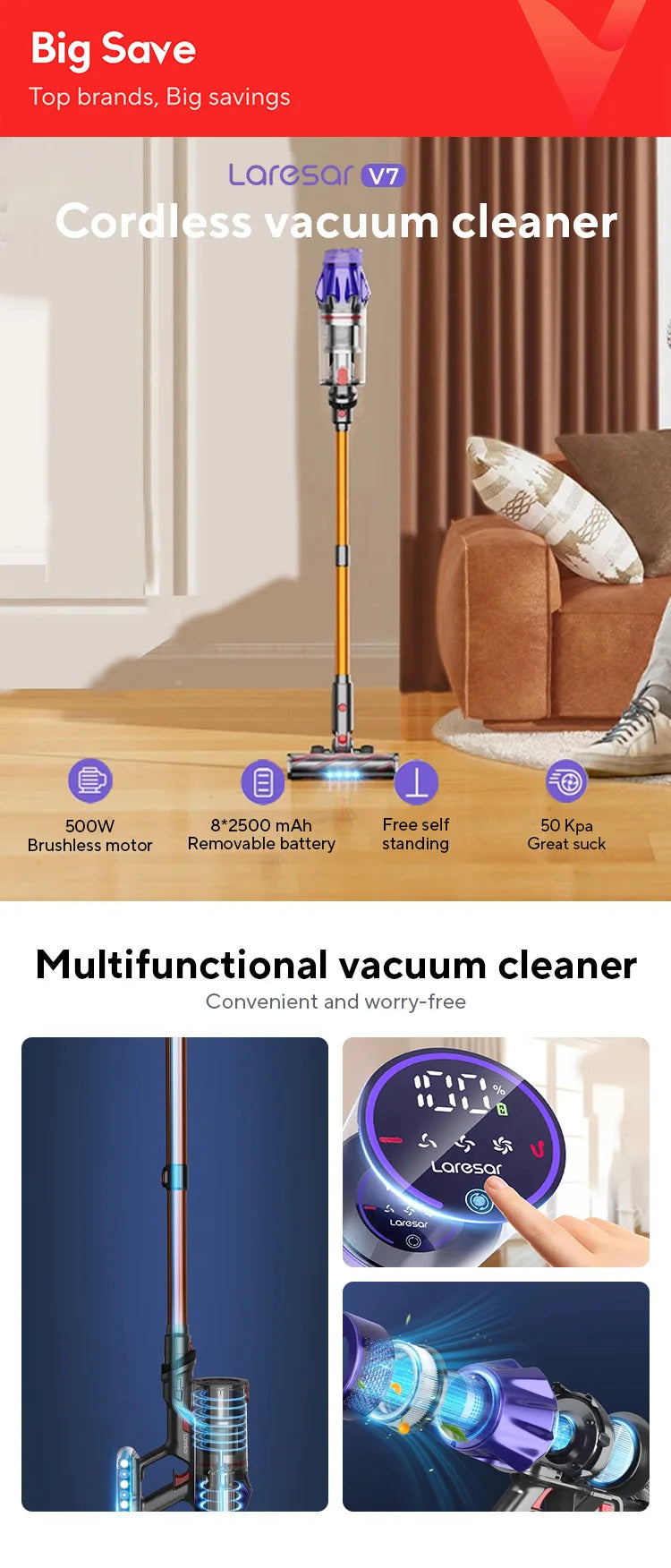 Laresar V7 500W 50KPA Suction Power Cordless Vacuum Cleaner  Handheld smart Home appliance Removable Battery Dust Cup
