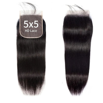 YEORING Straight Human Hair Bundles With 5×5 HD Lace Closure Bundles 100% Human Hair Extensions Brazilian Weave Raw Hair Natural