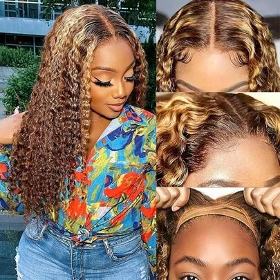 16 inch P4/27 curly Wave Highlighted bob Human Hair wigs 5x5 Honey Brown Curly Hair wave glueless wigs human hair for women