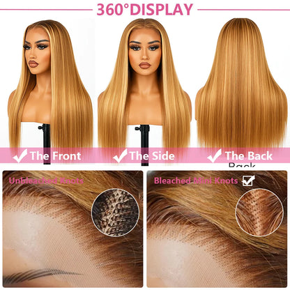 P4/27 Highlight Bone Straight 13x4 HD Lace Frontal Wigs Human Hair Brazilian Ombre Honey Blonde Colored Human Hair Wig For Women