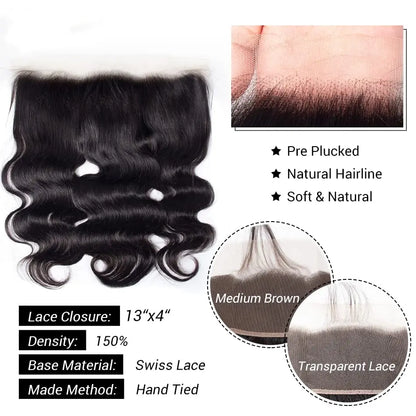 13x4 Lace Frontal Closure Body Wave Frontal Transparent Lace Frontals With 100% virgin Hair 100% Human Hair Natural Color Wigs
