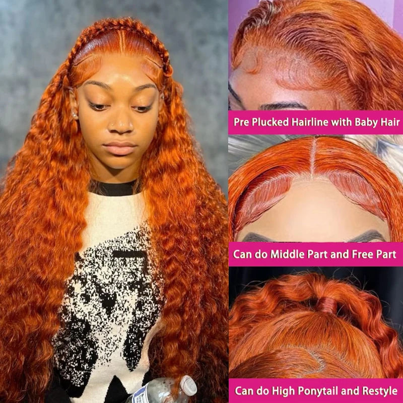 Water Wave Ginger Lace Front Wigs Human Hair 13x4 13x6 #350 Colored Wigs 100% Brazilian Human Hair Deep Curly Wigs Orange Ginger
