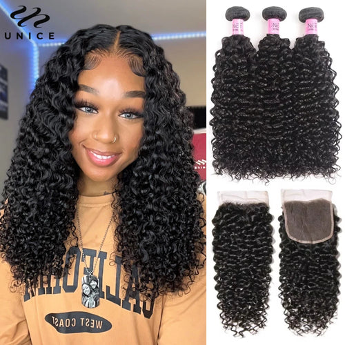UNice Hair Curly Hair Bundles With 4x4 Closure Natural Color 2/3/4 PCS Human Hair Bundles And Closure Can Make 250% Density Wigs