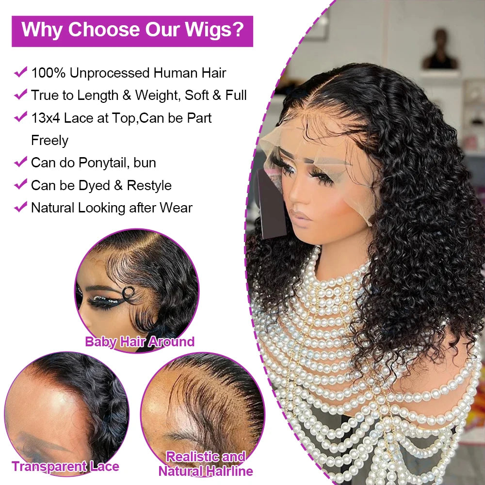 Brazilian 13x4 Glueless Curly Lace Front Wig Short Bob Frontal Wig Deep Water Wave 13X6 Hd Lace Frontal Human Hair Wig For Women