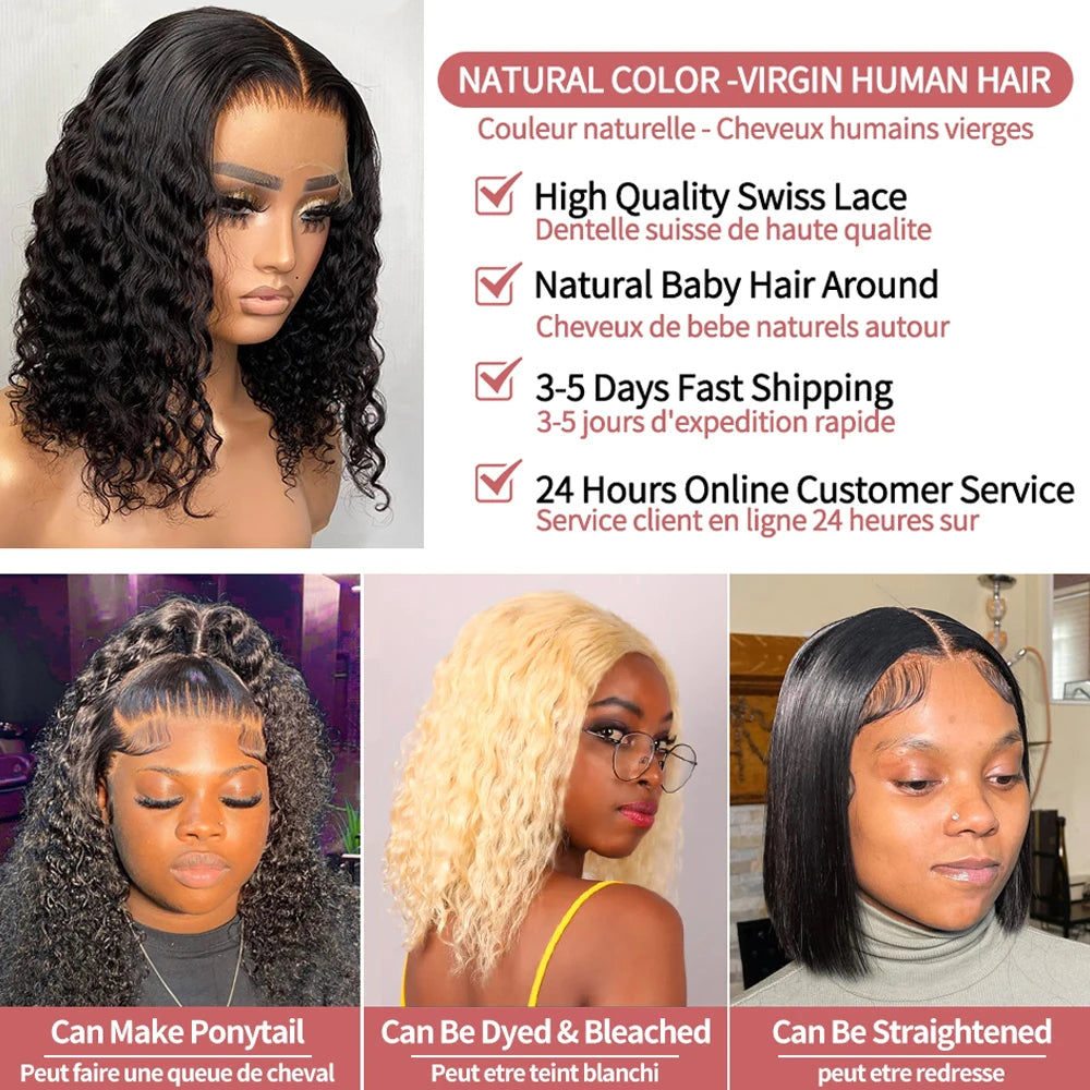 250% Density 13x6 13x4 HD Lace Frontal Wigs Deep Wave Lace Front Human Hair Wig Short Bob 7x5 Glueless Wigs Curly Human Hair Wig