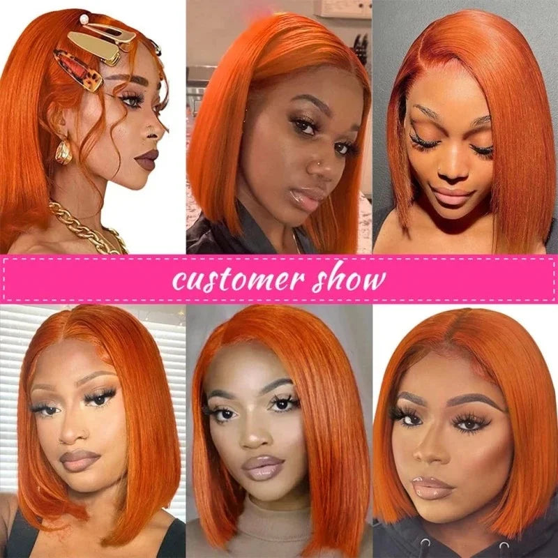 13x4 Lace Front Short Bob Wig 350 Ginger Orange Color Straight Transparent Lace Frontal Wigs Human Hair For Black Woman 10 Inch