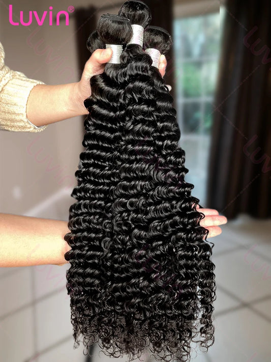Luvin Burmese Curly Bundles Human Hair 30 34 Inch Deep Wave Raw Hair Bundles 100% Unprocessed Double Weft Hair Extensions Weave
