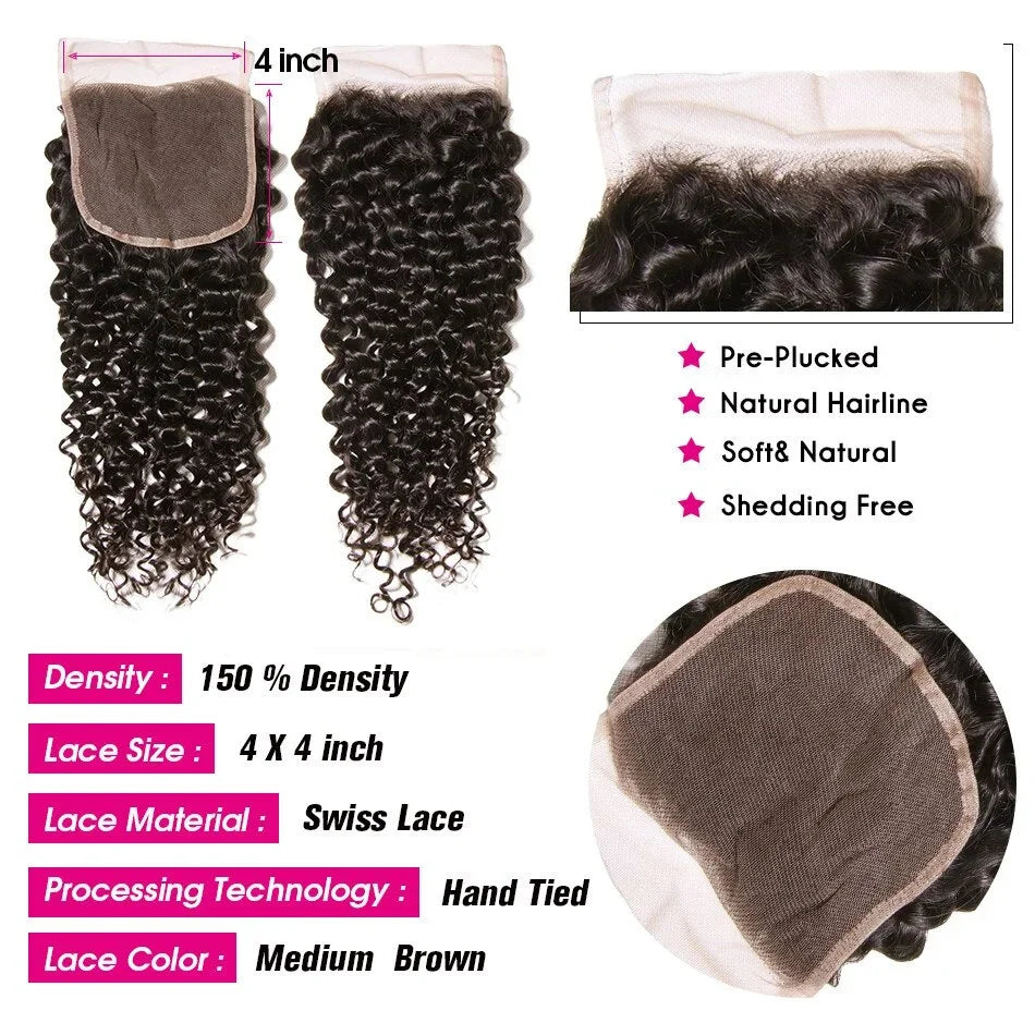 UNice Hair Curly Hair Bundles With 4x4 Closure Natural Color 2/3/4 PCS Human Hair Bundles And Closure Can Make 250% Density Wigs