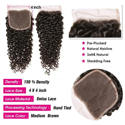 UNice Hair Curly Hair Bundles With 4x4 Closure Natural Color 2/3/4 PCS Human Hair Bundles And Closure Can Make 250% Density Wigs