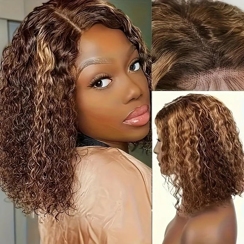 16 inch P4/27 curly Wave Highlighted bob Human Hair wigs 5x5 Honey Brown Curly Hair wave glueless wigs human hair for women