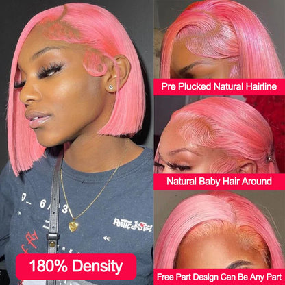 13x4 Short Bob Wig HD Transparent Lace Light Pink Wig Preplucked Lace Frontal Wigs Brazilian Virgin Human Hair 14 Inch 10 Inch