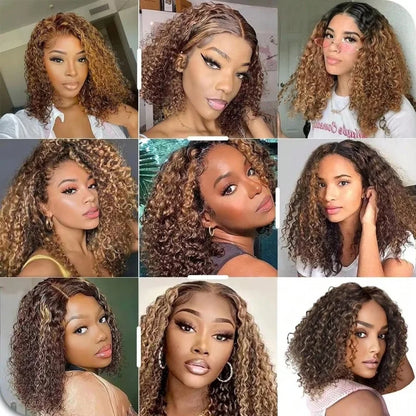 16 inch P4/27 curly Wave Highlighted bob Human Hair wigs 5x5 Honey Brown Curly Hair wave glueless wigs human hair for women