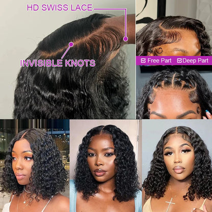 Brazilian 13x4 Glueless Curly Lace Front Wig Short Bob Frontal Wig Deep Water Wave 13X6 Hd Lace Frontal Human Hair Wig For Women