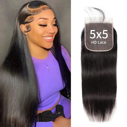 YEORING Straight Human Hair Bundles With 5×5 HD Lace Closure Bundles 100% Human Hair Extensions Brazilian Weave Raw Hair Natural