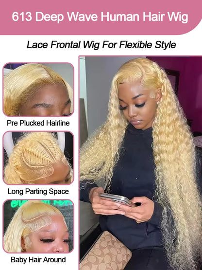 Deep Wave 13x6 HD Lace Frontal Human Hair Wig 30 40 Inch Curly 613 Honey Blonde Water Wave 13x4 Lace Front Wigs For Women 250%