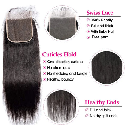 YEORING Straight Human Hair Bundles With 5×5 HD Lace Closure Bundles 100% Human Hair Extensions Brazilian Weave Raw Hair Natural