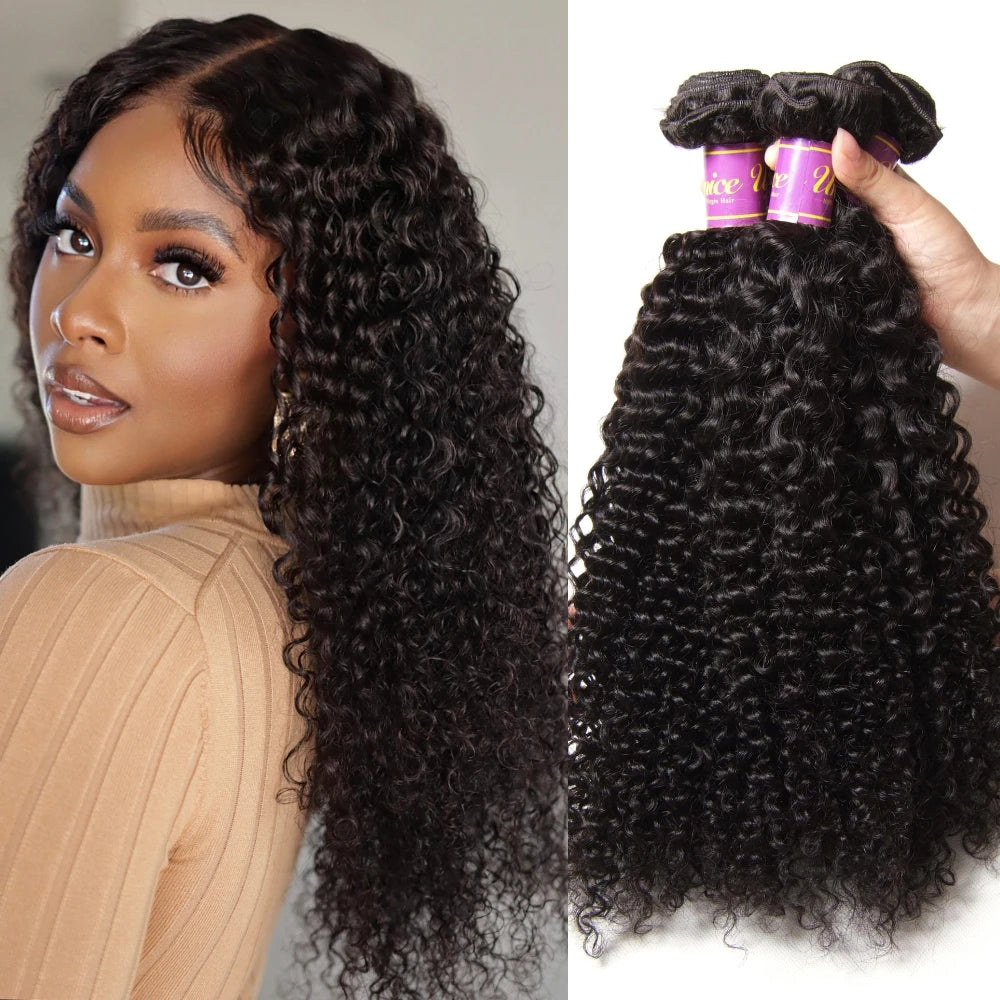 UNice Hair Curly Hair Bundles With 4x4 Closure Natural Color 2/3/4 PCS Human Hair Bundles And Closure Can Make 250% Density Wigs