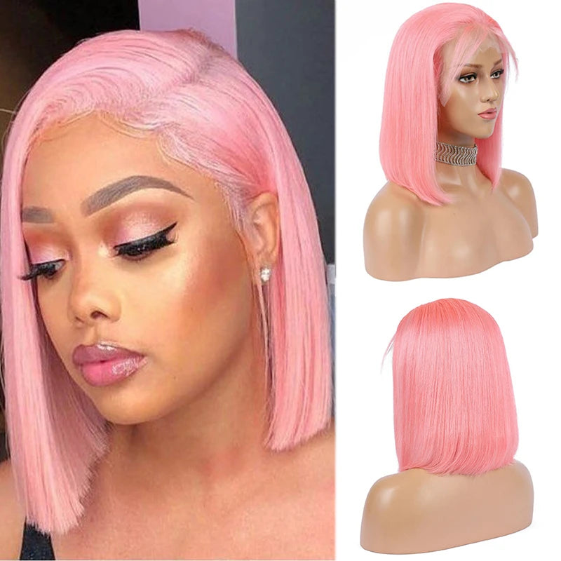 13x4 Short Bob Wig HD Transparent Lace Light Pink Wig Preplucked Lace Frontal Wigs Brazilian Virgin Human Hair 14 Inch 10 Inch