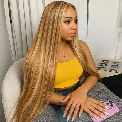 P4/27 Highlight Bone Straight 13x4 HD Lace Frontal Wigs Human Hair Brazilian Ombre Honey Blonde Colored Human Hair Wig For Women