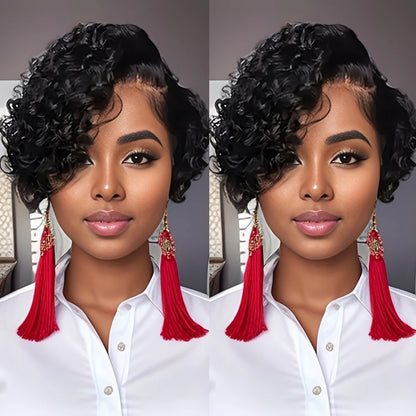 Short Bob Wig Pixie Cut Curly Human Hair Wigs For Women Black Color 13x4x1 T part lace closure Deep Wave Lace Wig Preplucked Hai