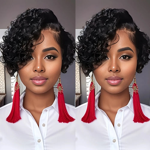 Short Bob Wig Pixie Cut Curly Human Hair Wigs For Women Black Color 13x4x1 T part lace closure Deep Wave Lace Wig Preplucked Hai