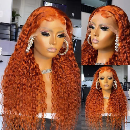 Wiggogo Orange Ginger Lace Front Wig Human Hair 30 Inch Curly Lace Front Human Hair Wig Deep Wave 13X4 13X6 Hd Lace Frontal Wigs