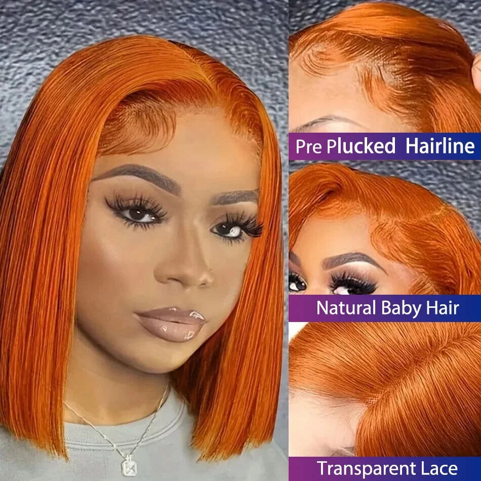 13x4 Lace Front Short Bob Wig 350 Ginger Orange Color Straight Transparent Lace Frontal Wigs Human Hair For Black Woman 10 Inch