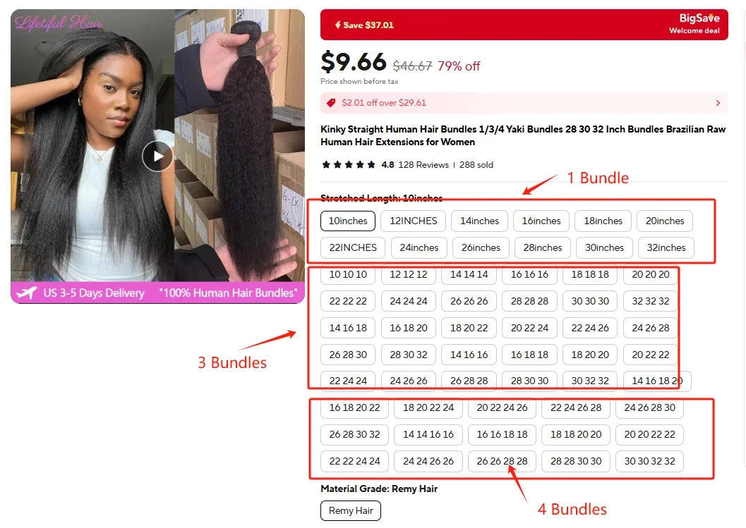 Kinky Straight Human Hair Bundles 1/3/4 Yaki Bundles 28 30 32 Inch Bundles Brazilian Raw Human Hair Extensions for Women