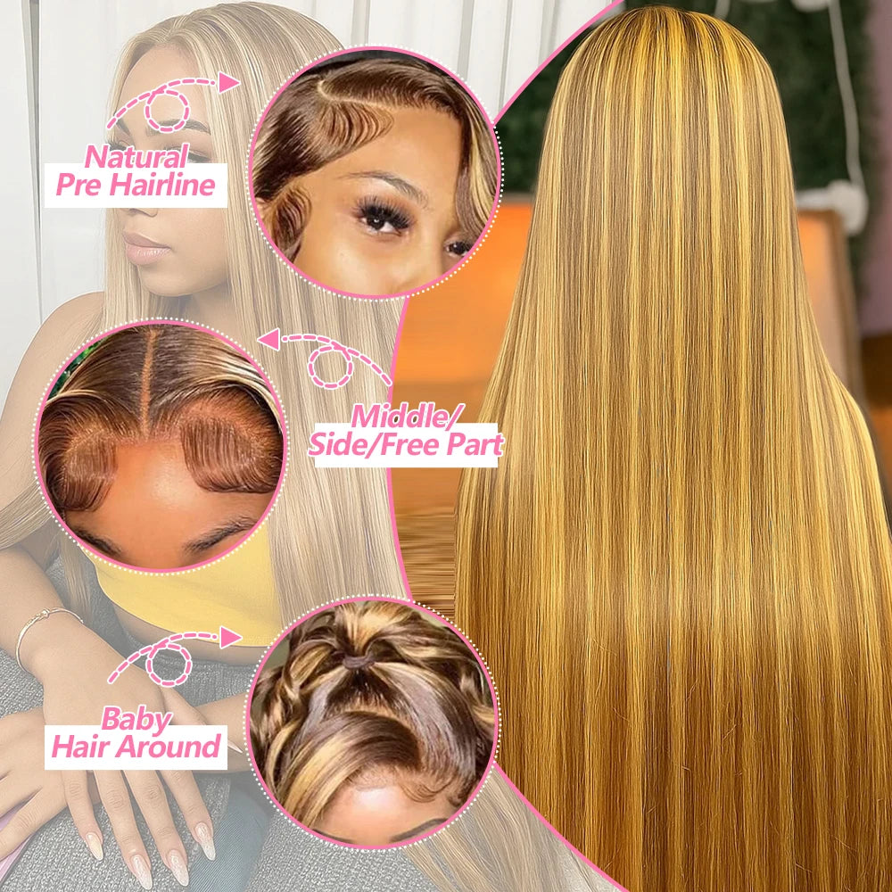 P4/27 Highlight Bone Straight 13x4 HD Lace Frontal Wigs Human Hair Brazilian Ombre Honey Blonde Colored Human Hair Wig For Women