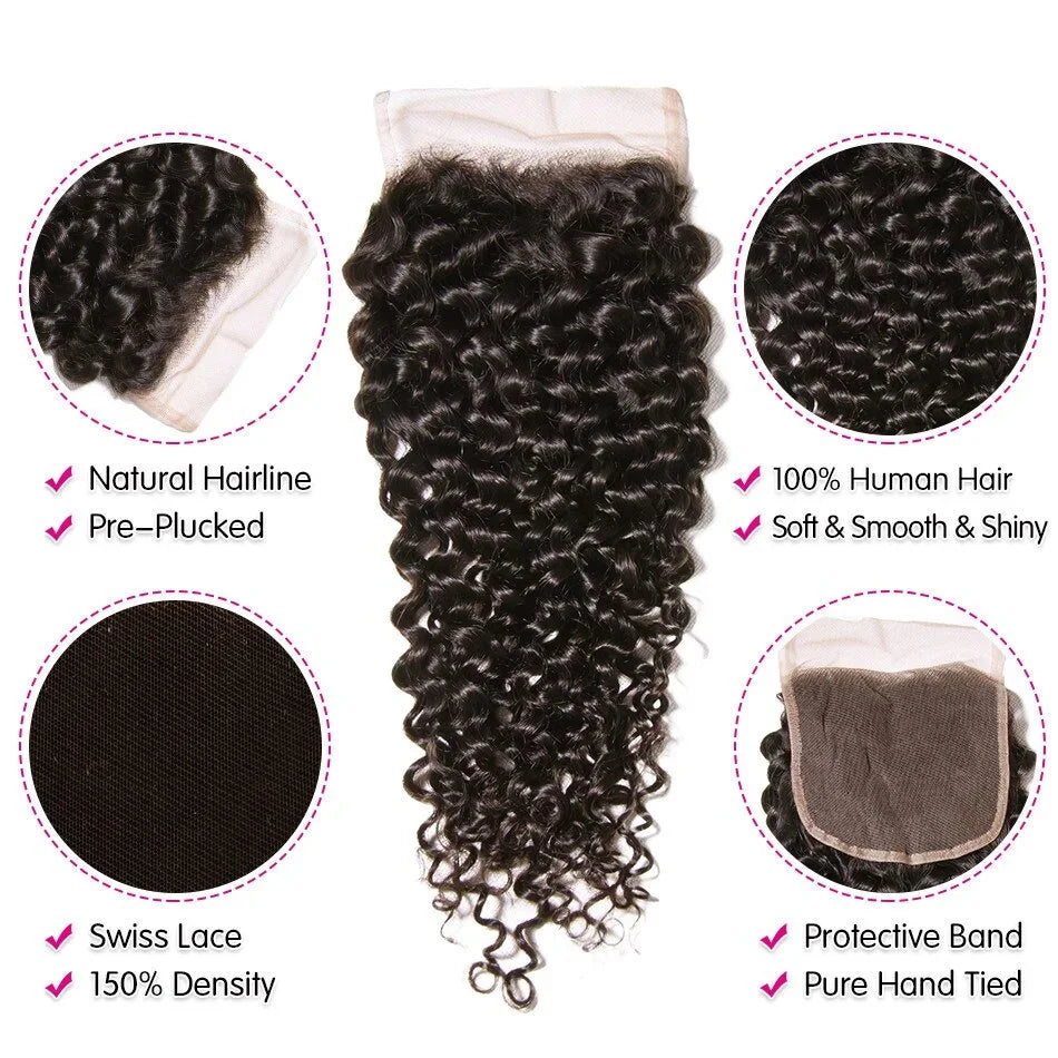 UNice Hair Curly Hair Bundles With 4x4 Closure Natural Color 2/3/4 PCS Human Hair Bundles And Closure Can Make 250% Density Wigs