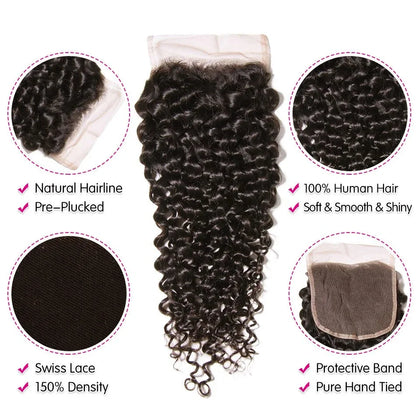 UNice Hair Curly Hair Bundles With 4x4 Closure Natural Color 2/3/4 PCS Human Hair Bundles And Closure Can Make 250% Density Wigs