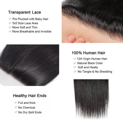 YEORING Straight Human Hair Bundles With 5×5 HD Lace Closure Bundles 100% Human Hair Extensions Brazilian Weave Raw Hair Natural