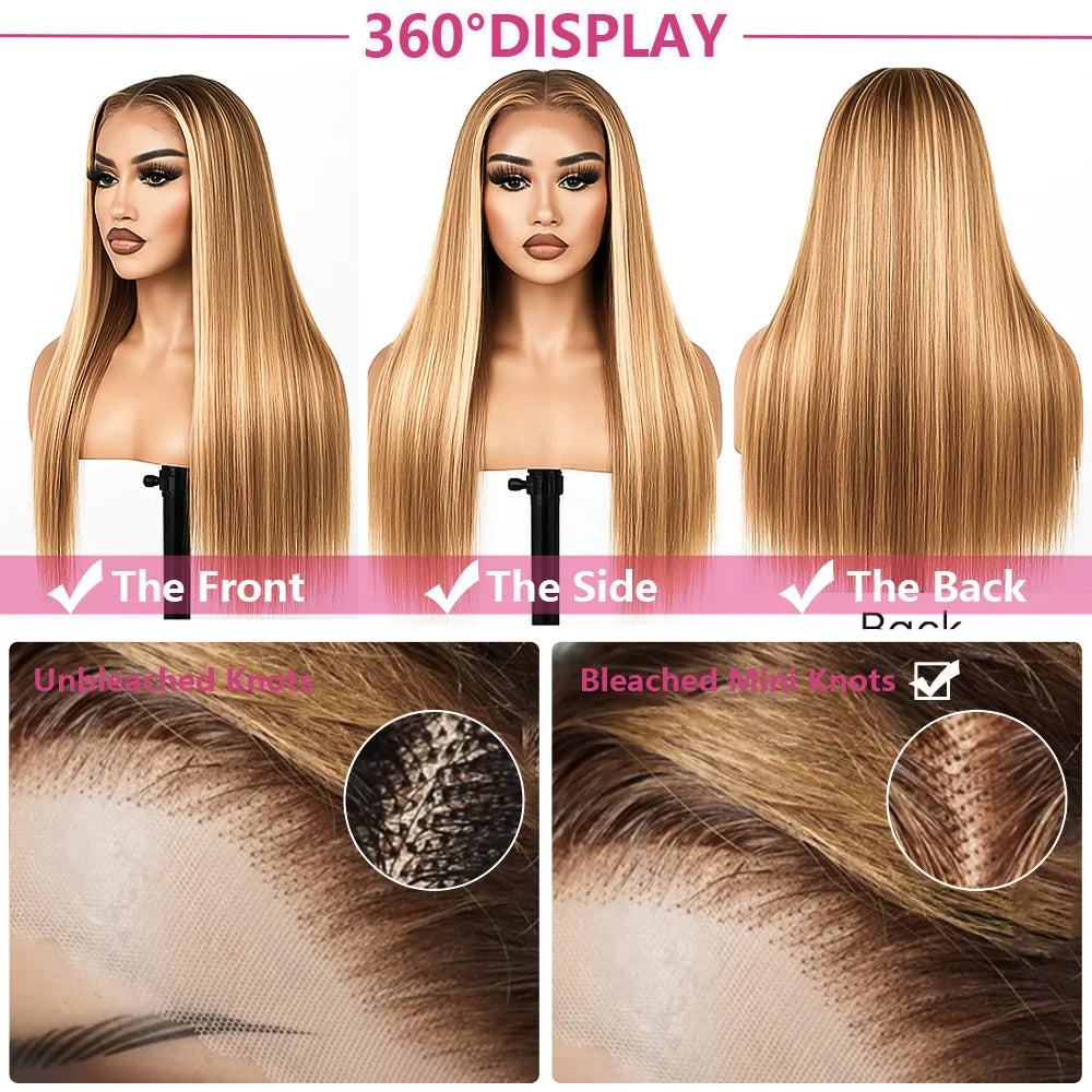 P4/27 Highlight Bone Straight 13x4 HD Lace Frontal Wigs Human Hair Brazilian Ombre Honey Blonde Colored Human Hair Wig For Women