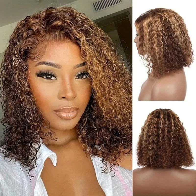 16 inch P4/27 curly Wave Highlighted bob Human Hair wigs 5x5 Honey Brown Curly Hair wave glueless wigs human hair for women