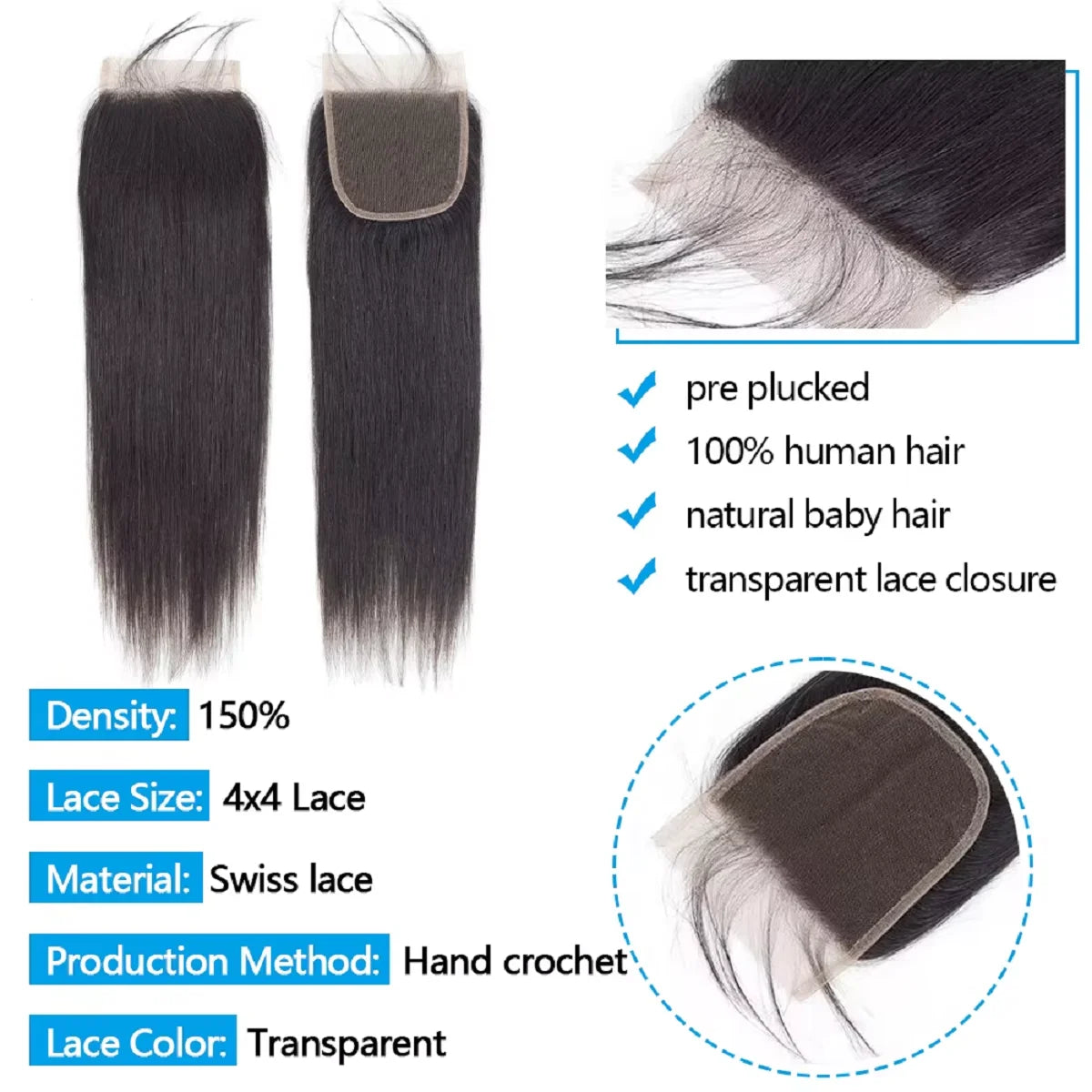 YEORING Store Straight Human Hair 4×4 Lace Skin Melt Transparent Closure Lace Swiss Closure 100% Human Hair Remy Brazilian Hairs