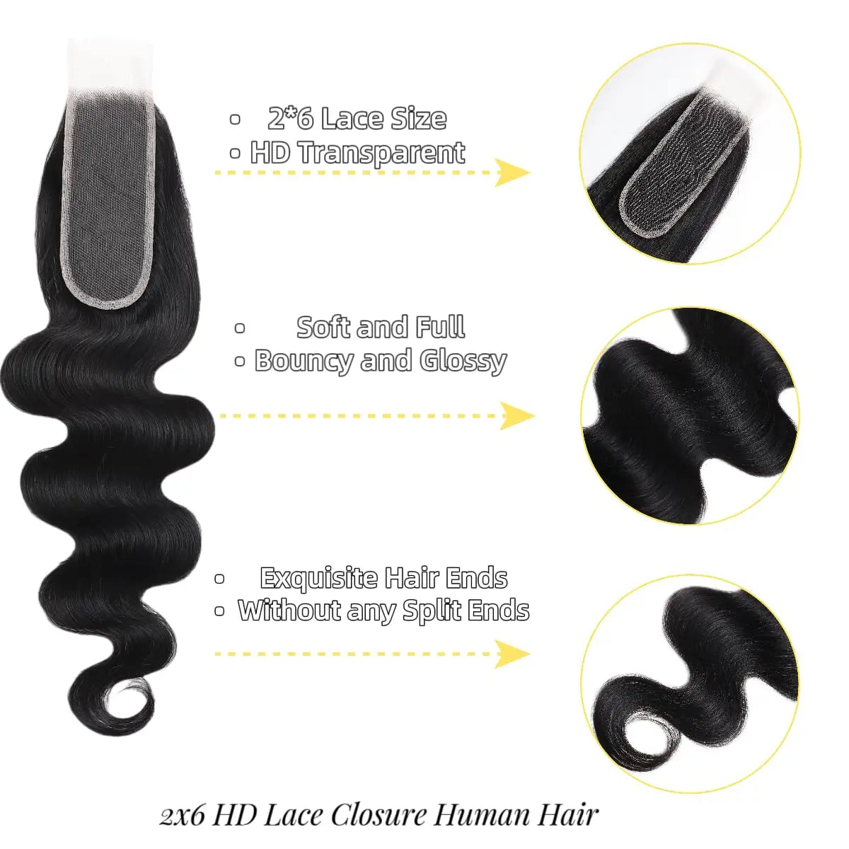 YEORING Store Body Wave Human Hair 2×6 Lace Skin Melt Transparent Closure Lace Swiss Closure 100% Human Hair Remy Brazilian Hair