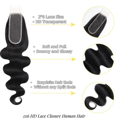 YEORING Store Body Wave Human Hair 2×6 Lace Skin Melt Transparent Closure Lace Swiss Closure 100% Human Hair Remy Brazilian Hair