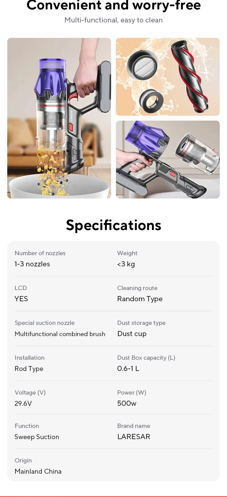 Laresar V7 500W 50KPA Suction Power Cordless Vacuum Cleaner  Handheld smart Home appliance Removable Battery Dust Cup