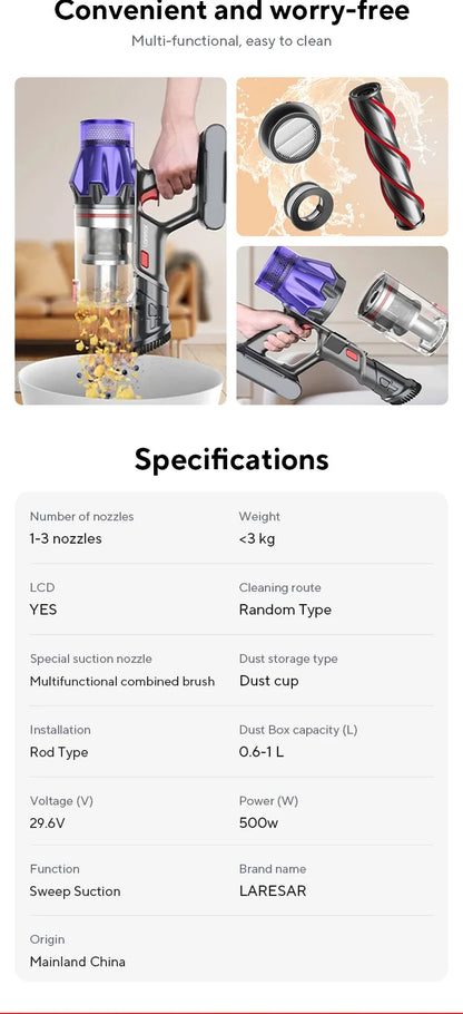 Laresar V7 500W 50KPA Suction Power Cordless Vacuum Cleaner  Handheld smart Home appliance Removable Battery Dust Cup